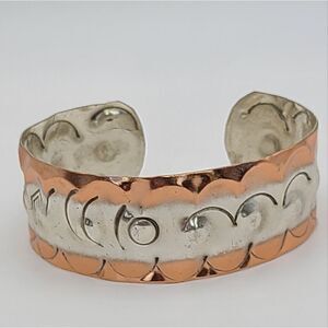 Southwestern hammered copper silver cuff bracelet. Hand stamped